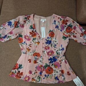 NWT Women's Peplum Top Blouse Pink Red Floral Whimsicore Flowy Breezy Sz MEDIUM